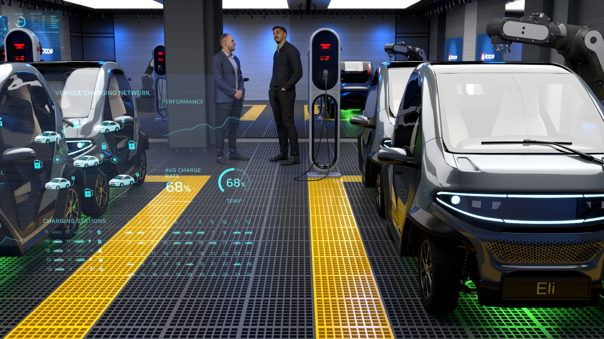 Photorealistic 3D render of humanoid robots working in a high-tech laboratory charging batteries