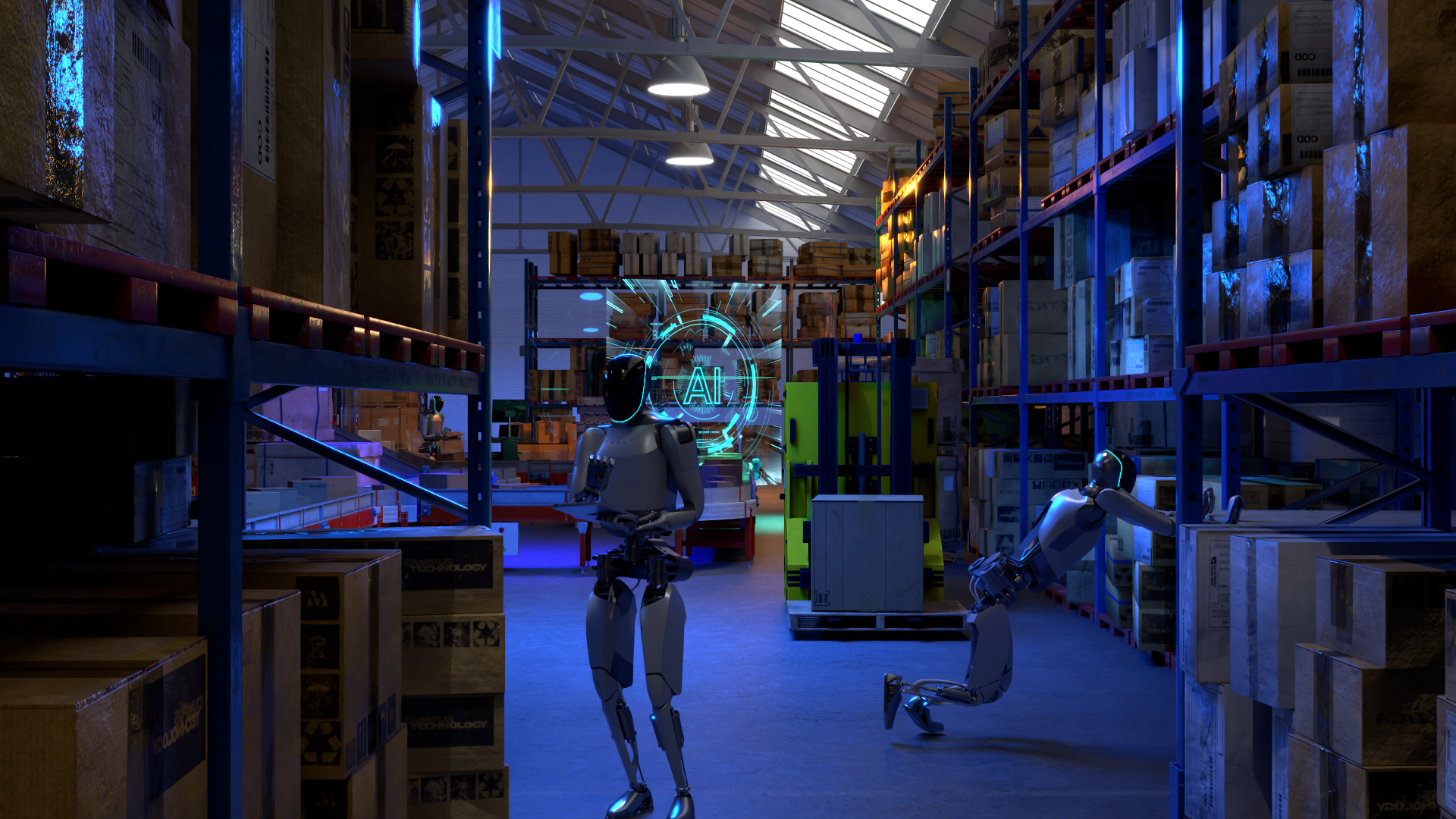 Photorealistic 3D render of humanoid robots working in a high-tech laboratory