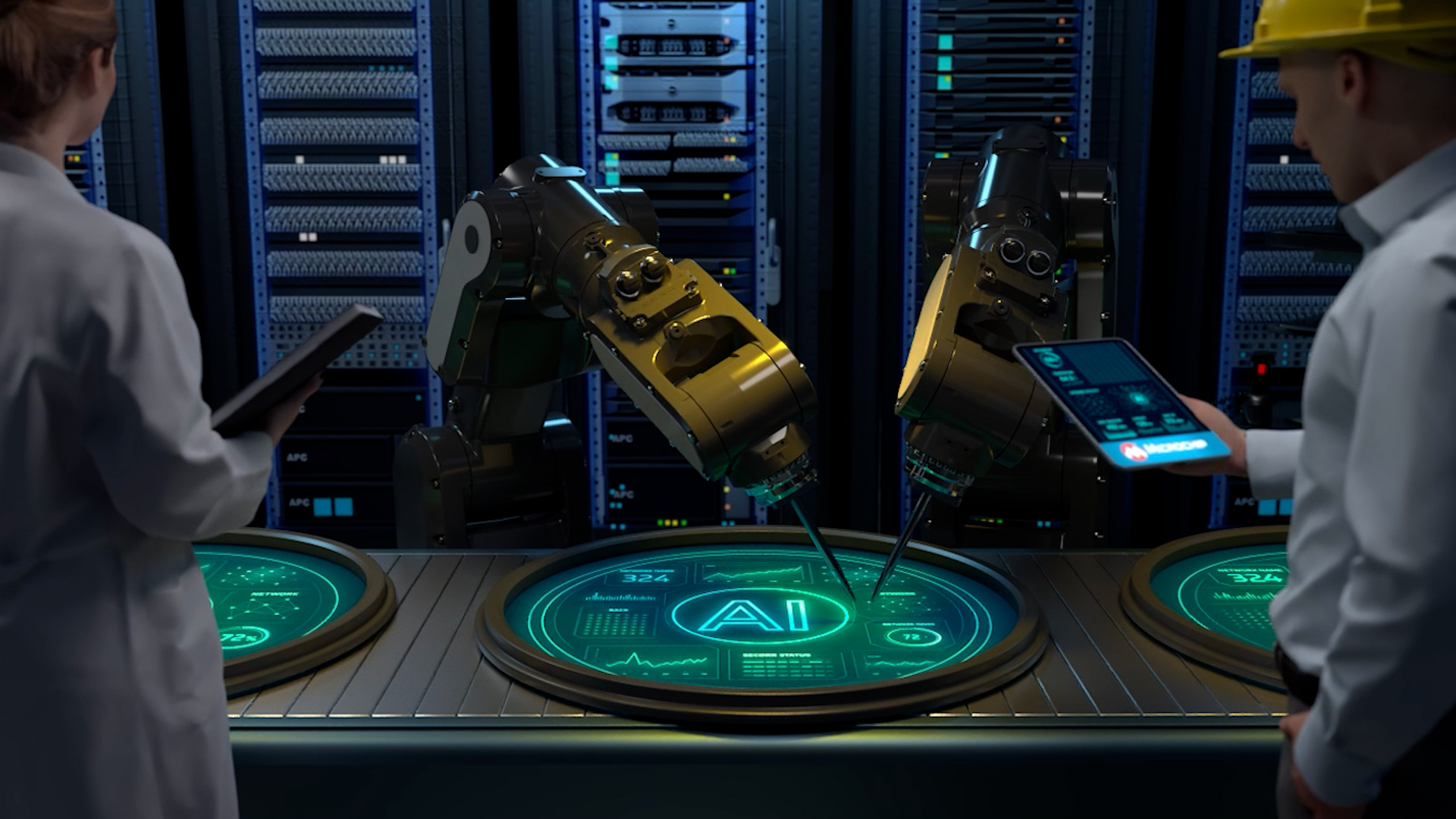 High-precision 3D macro model of an AI microchip on a detailed black circuit board
