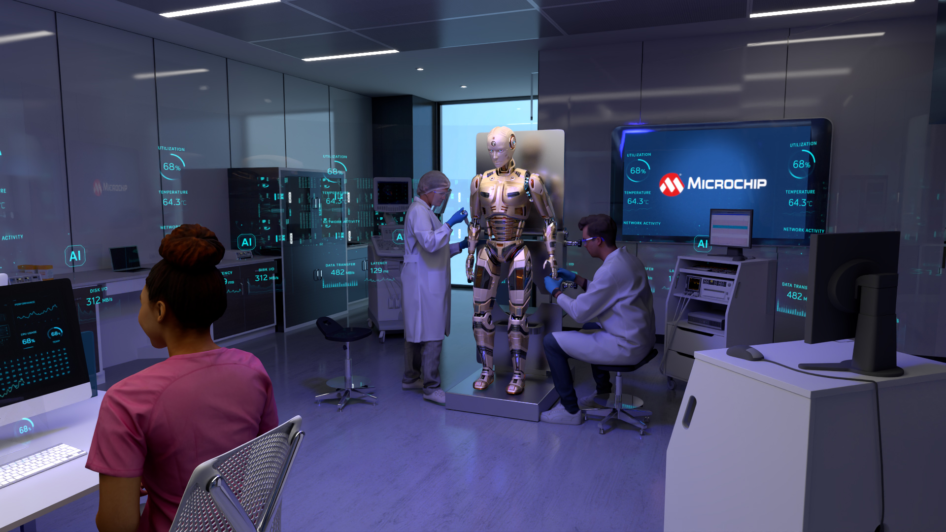 Photorealistic 3D render of humanoid robots working in a high-tech laboratory