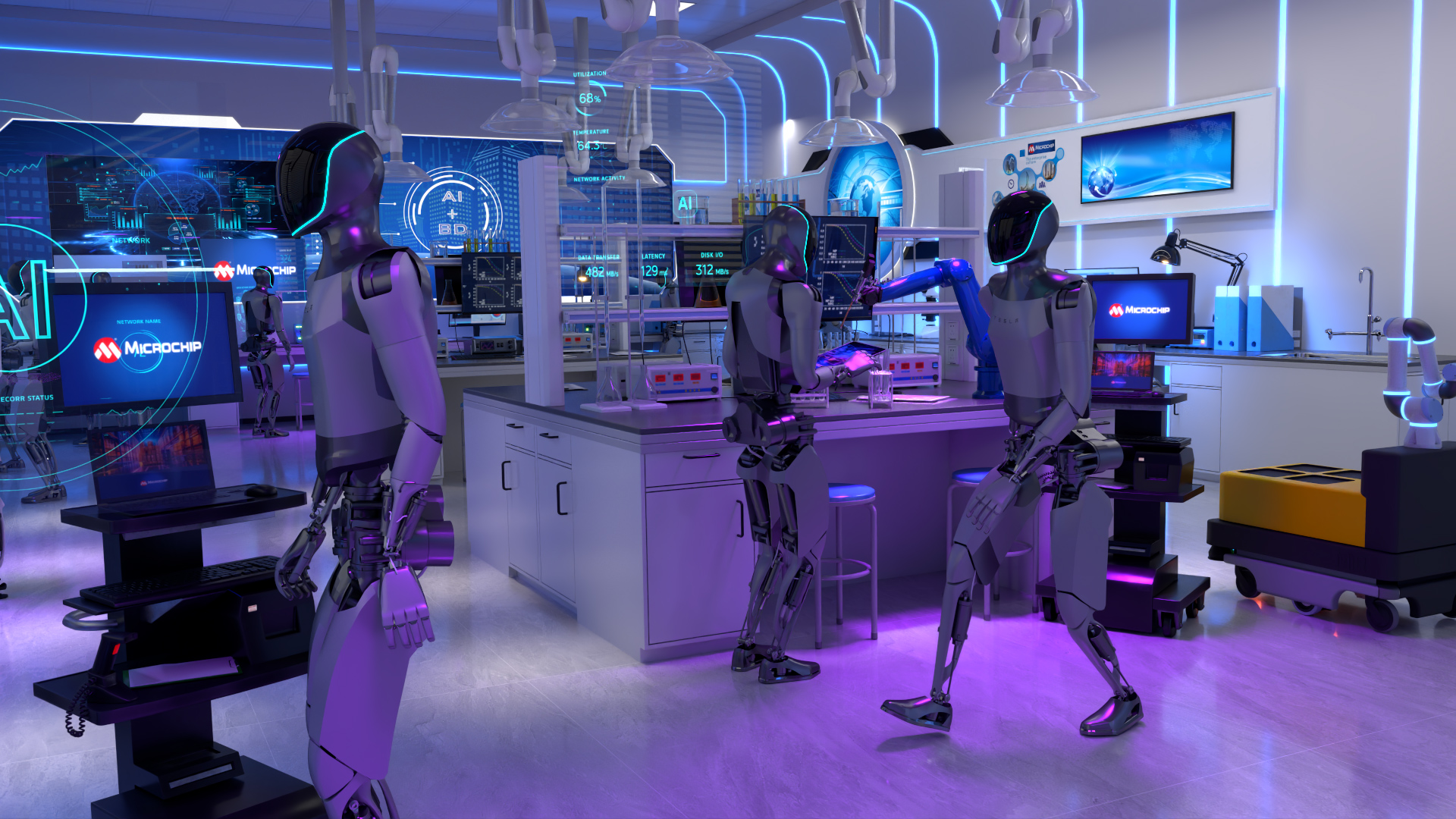 Photorealistic 3D render of humanoid robots working in a high-tech laboratory