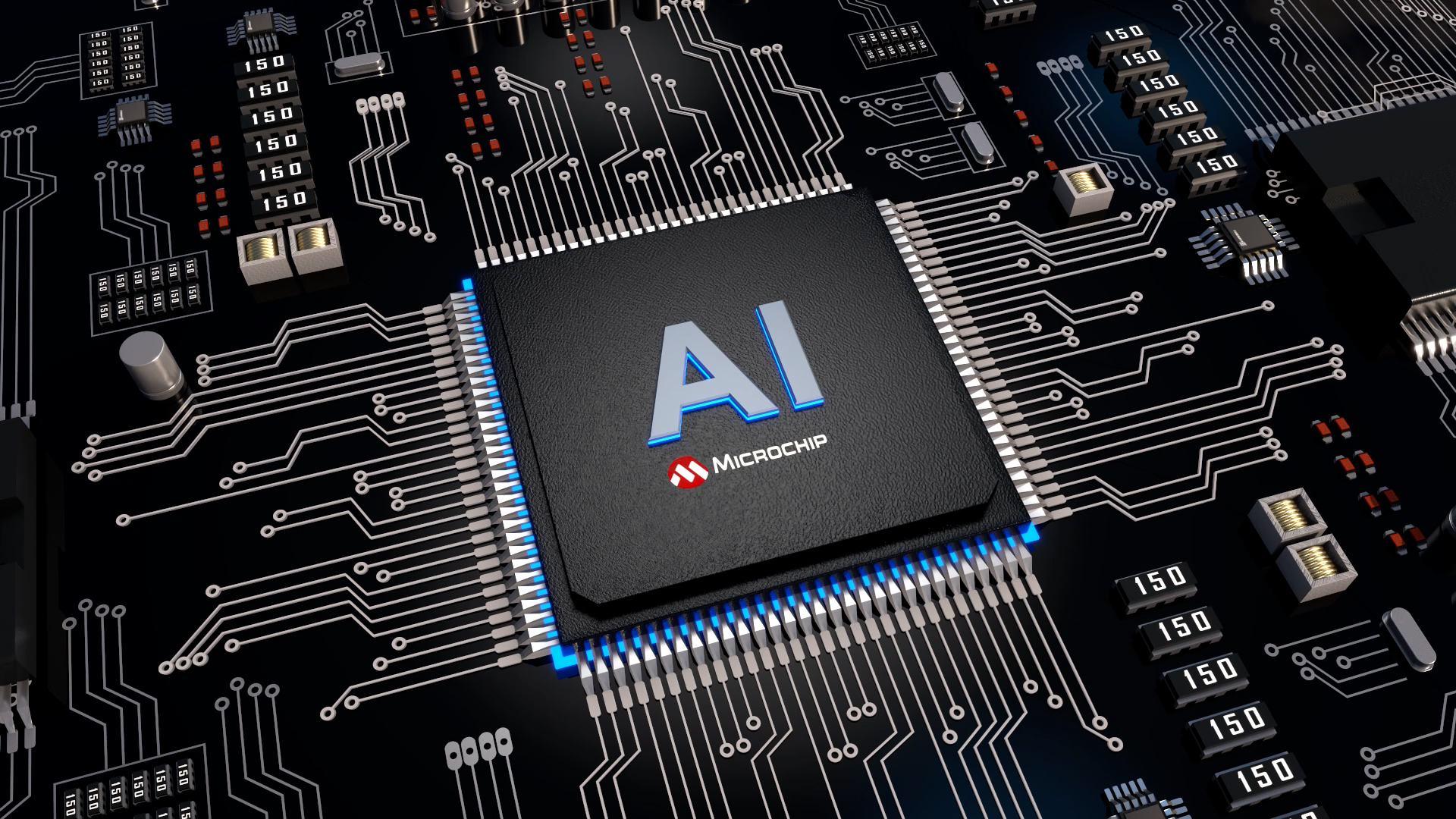 High-precision 3D macro model of an AI microchip on a detailed black circuit board