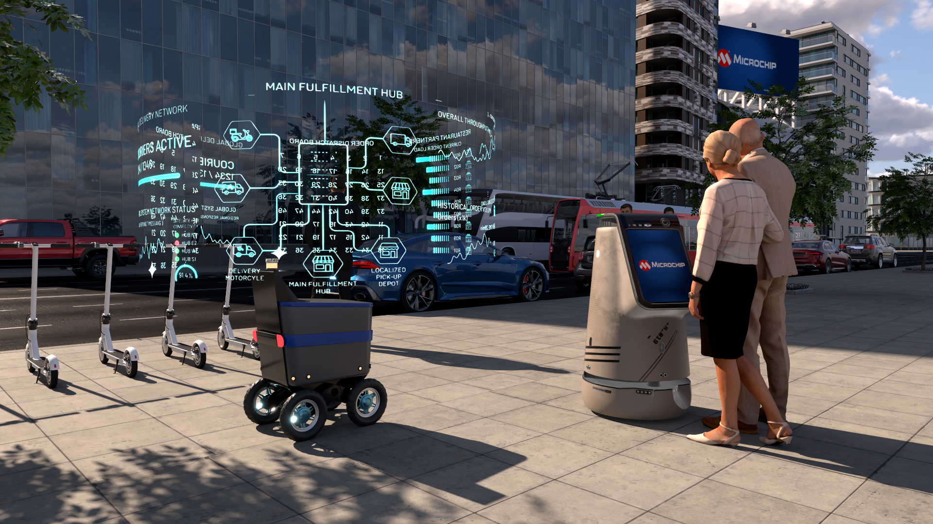 3D industrial visualization of an autonomous delivery robot and interactive kiosk with a holographic logistics UI overlay on a modern city street.