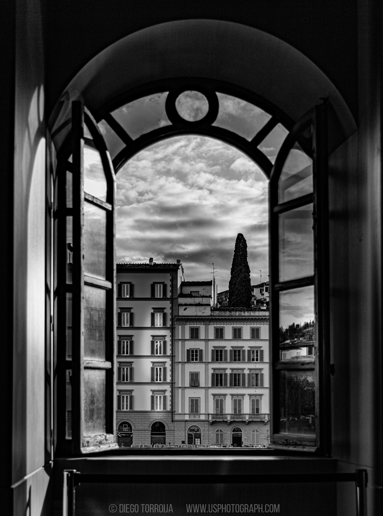 View of Florence buildings and a cypress tree framed by an open arched window, black and white travel photography