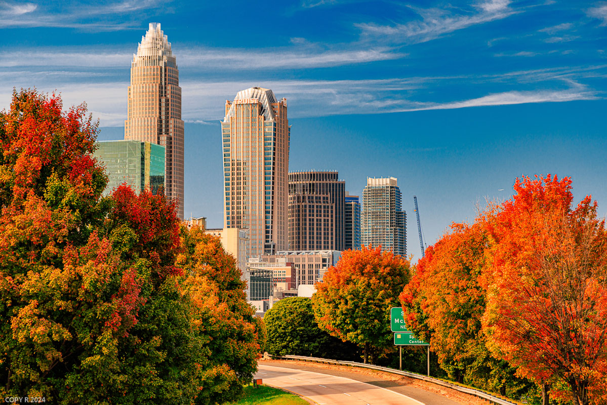 Charlotte skyline with Bank of America Corporate Center above fall trees